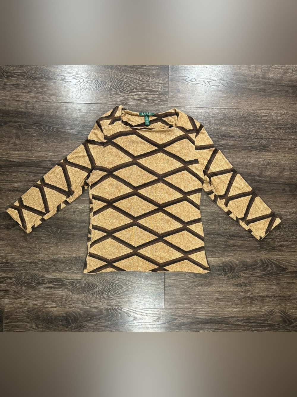 Lauren Ralph Lauren Tan & Brown Diamond-Print Long Sleeve Top Size XL